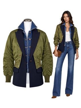 VERONICA BEARD Mixed Media Bomber Blazer Navy Olive Green XS NWOT